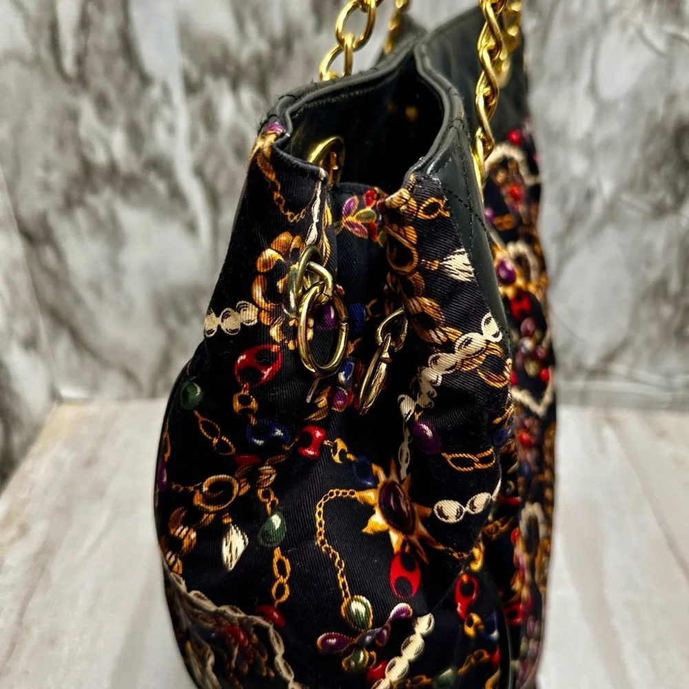 Monet Black Gold Chain Pattern Tote Bag Vintage 80s Jewelry Print Large Cloth
